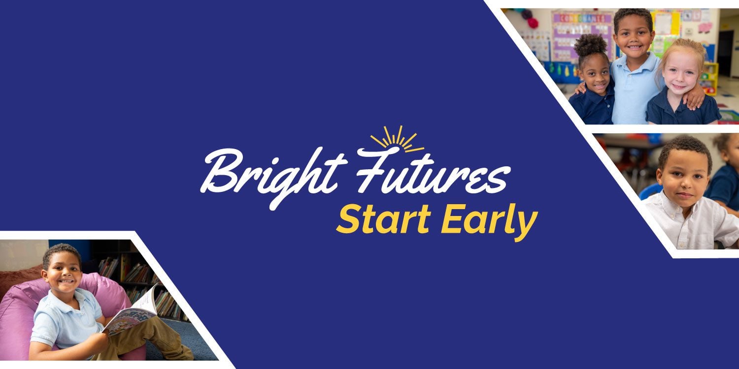 Children in school settings with a message about bright futures.