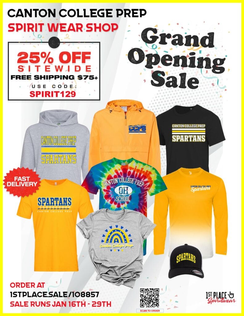 Flyer for a spirit wear shop grand opening sale with various apparel.